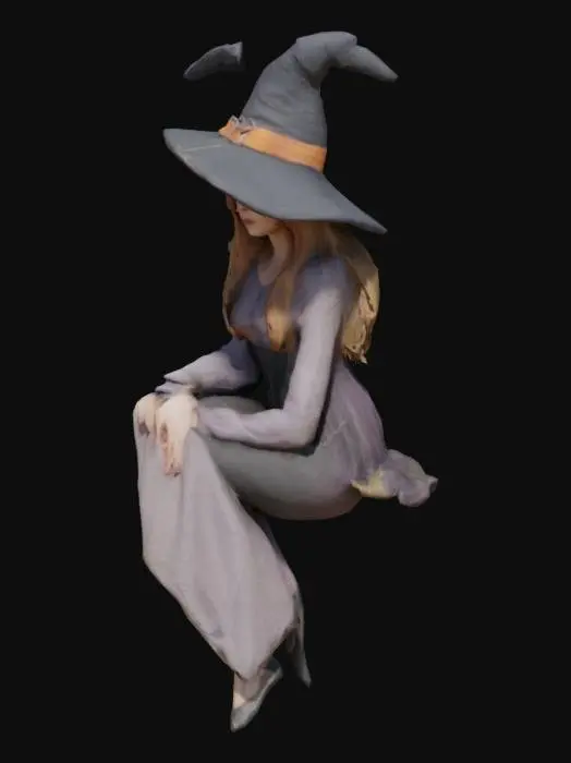 3D model for A whimsical female witch suspended mid-air in a seated flying pose, as if she were sitting on her broom. The scene should suggest that she is sitting on her broom without including any visible object or broom under her. Emphasize her posture to convey that she is riding invisibly. --no broom --no visible mount --no broomstick
