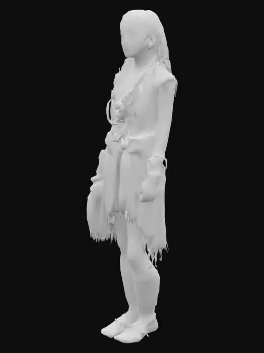 3D model for Create a human 3D character of a Anasazi (Ancestral Puebloan). The character should wear traditional elements such as woven textiles, turquoise accents, and natural fibers, with motifs drawn from cliff dwellings and petroglyphs. Their skin is sun-weathered, with a wise and serene expression. 