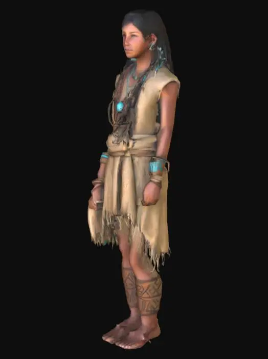 3D model for Create a human 3D character of a Anasazi (Ancestral Puebloan). The character should wear traditional elements such as woven textiles, turquoise accents, and natural fibers, with motifs drawn from cliff dwellings and petroglyphs. Their skin is sun-weathered, with a wise and serene expression. 
