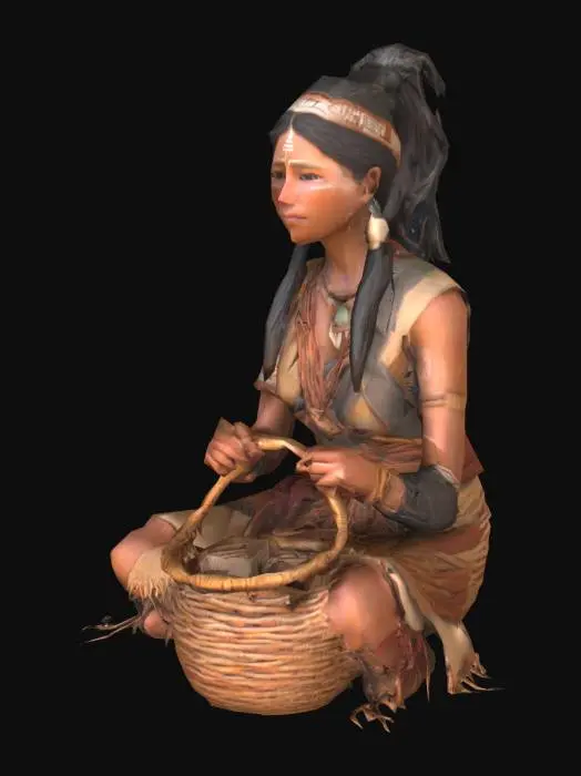 3D model for An Anasazi female character is depicted with sun-weathered skin, suggesting a life spent outdoors, and a wise, serene expression. She sits on the ground, her posture relaxed yet purposeful, as her hands deftly weave a basket from natural fibers. Her attire consists of earthy-toned, coarse woven textiles adorned with geometric motifs inspired by ancient cliff dwellings and petroglyphs, all reflecting the rugged, organic beauty of the desert landscape.