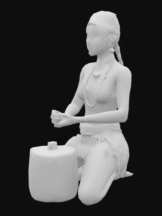 3D model for A female Ancestral Puebloan character, her sun-weathered skin reflecting a lifetime outdoors, holds a wise and serene expression as she kneels. She wears loosely woven textiles and natural fibers in earthy tones, adorned with subtle motifs resembling ancient cliff dwellings and petroglyphs. Her hands are positioned on a coarse, flat grinding stone, actively processing corn, showcasing the subtle flex of her muscles under her natural, unadorned form.