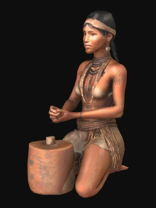 3D model for A female Ancestral Puebloan character, her sun-weathered skin reflecting a lifetime outdoors, holds a wise and serene expression as she kneels. She wears loosely woven textiles and natural fibers in earthy tones, adorned with subtle motifs resembling ancient cliff dwellings and petroglyphs. Her hands are positioned on a coarse, flat grinding stone, actively processing corn, showcasing the subtle flex of her muscles under her natural, unadorned form.