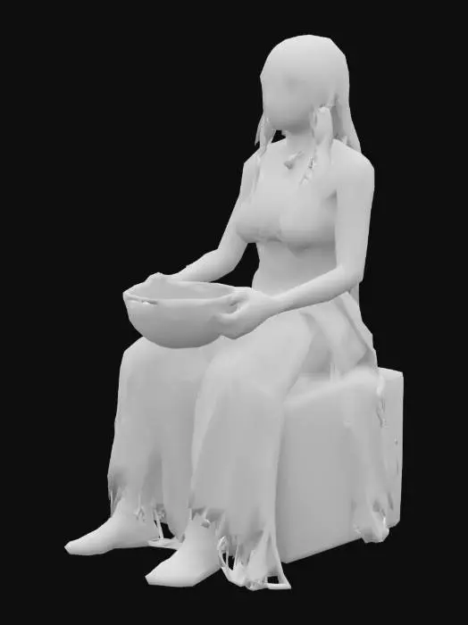 3D model for An Anasazi female character is depicted with sun-weathered skin, suggesting a life spent outdoors, and a wise, serene expression. She sits on the ground, her posture relaxed yet purposeful, as her hands deftly weave a basket from natural fibers. Her attire consists of earthy-toned, coarse woven textiles adorned with geometric motifs inspired by ancient cliff dwellings and petroglyphs, all reflecting the rugged, organic beauty of the desert landscape.