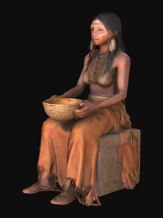 3D model for An Anasazi female character is depicted with sun-weathered skin, suggesting a life spent outdoors, and a wise, serene expression. She sits on the ground, her posture relaxed yet purposeful, as her hands deftly weave a basket from natural fibers. Her attire consists of earthy-toned, coarse woven textiles adorned with geometric motifs inspired by ancient cliff dwellings and petroglyphs, all reflecting the rugged, organic beauty of the desert landscape.