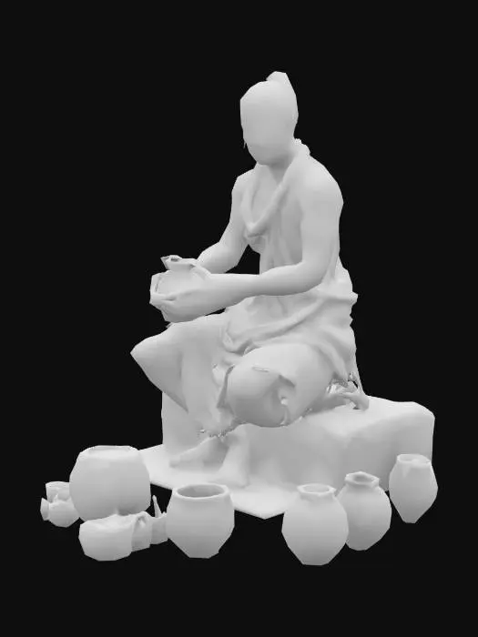 3D model for Create a human 3D adult character inspired by the Anasazi (Ancestral Puebloan) people. The character is seated in a calm, grounded posture, either cross-legged or on a flat stone surface, shaping a clay vessel with both hands. Their anatomy should be realistic and proportional, with clear articulation in fingers and wrists to support a believable crafting pose.
The character wears woven textiles made from natural fibers—earth-toned tunic, wrap skirt, and simple sandals. Their skin is sun-weathered, and expression is focused.
Surround the character with Prehistoric Anasazi pottery, predominance of gray and white surface colors and the absence of smudged black decoration. Include physical connectivity between hands and the vessel being formed. 