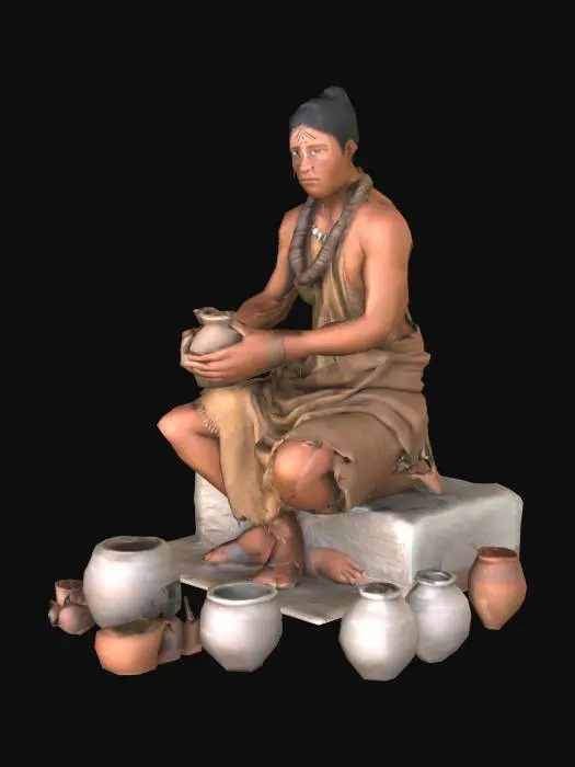3D model for Create a human 3D adult character inspired by the Anasazi (Ancestral Puebloan) people. The character is seated in a calm, grounded posture, either cross-legged or on a flat stone surface, shaping a clay vessel with both hands. Their anatomy should be realistic and proportional, with clear articulation in fingers and wrists to support a believable crafting pose.
The character wears woven textiles made from natural fibers—earth-toned tunic, wrap skirt, and simple sandals. Their skin is sun-weathered, and expression is focused.
Surround the character with Prehistoric Anasazi pottery, predominance of gray and white surface colors and the absence of smudged black decoration. Include physical connectivity between hands and the vessel being formed. 