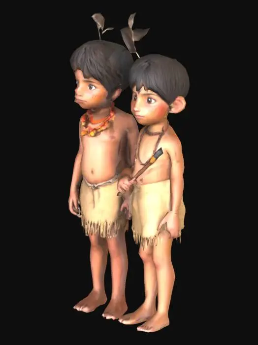 3D model for two human 3D child characters inspired by the Anasazi (Ancestral Puebloan) culture. Around 8–10 years old with natural, proportional anatomy and expressive features that convey curiosity and gentleness. The characters are barefoot, standing. They have sticks, or primitive paint brushes, in their hands positioned to draw on a wall. They wear simple woven textiles with soft earthen tones—such as a sleeveless tunic, waist wrap, and small pouch slung across the shoulder. Textures and patterns are inspired by cliff dwelling motifs and ancient petroglyphs. Their hair is dark, loosely tied back or braided, with small feathers or beads woven in.