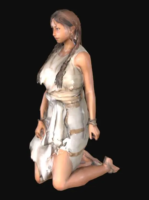 3D model for Create a human 3D female character inspired by Anasazi (Ancestral Puebloan) culture. She is kneeling washing clothes. Her posture is natural and balanced—knees bent, torso slightly leaning forward, with arms extended and hands in contact with a soaked textile.
She wears simple, earth-toned woven garments: a sleeveless wrap top and waist cloth tied with natural fiber. Her hair is loosely braided or tied back with minimal adornment, and her skin is sun-warmed and textured with soft freckles and gentle expression. Include anatomical accuracy in arms, hands, and knees to support a believable pose.