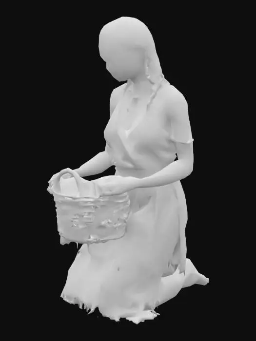 3D model for Create a human 3D female character inspired by Anasazi (Ancestral Puebloan) culture. She is kneeling, actively washing clothes. Her posture is natural and balanced—knees bent, torso slightly leaning forward, with arms extended and hands in contact with a soaked textile.

She wears simple, earth-toned woven garments: a sleeveless wrap top and waist cloth tied with natural fiber. Her hair is loosely braided or tied back with minimal adornment, and her skin is sun-warmed and textured. Include anatomical accuracy in arms, hands, and knees to support a believable pose.

Add storytelling details: a woven basket with folded textiles. The fabric she’s washing may feature faded geometric motifs drawn from ancient cliff dwellings.