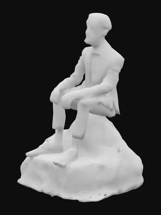3D model for high resolution, realist human, character of Salvador Dali. Sitting on a rock, legs apart, hands on his knees. Detail needs to be paid to the anatomy, hands, fingers, facial features, and famous moustache. He is wearing a black suit, black socks, black lace up dress shoes, black tie, white color shirt.