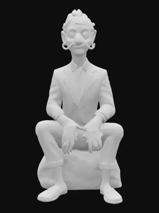3D model for high resolution, realist human, character of Salvador Dali. Sitting on a rock, legs apart, hands on his knees. Detail needs to be paid to the anatomy, hands, fingers, facial features, and famous moustache. He is wearing a black suit, black socks, black lace up dress shoes, black tie, white color shirt.