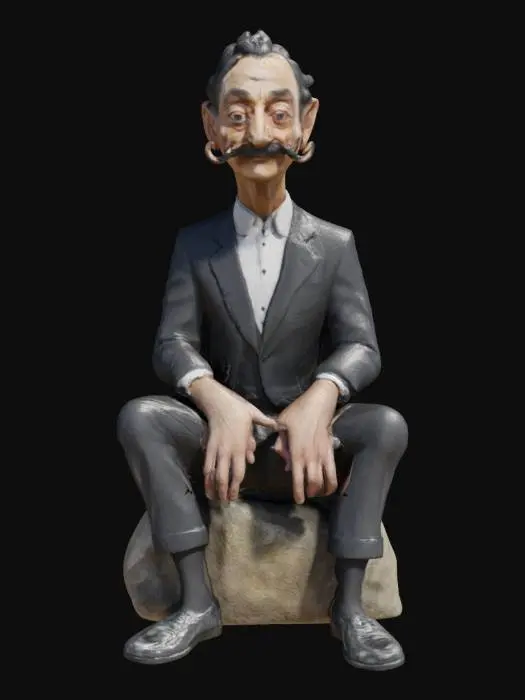 3D model for high resolution, realist human, character of Salvador Dali. Sitting on a rock, legs apart, hands on his knees. Detail needs to be paid to the anatomy, hands, fingers, facial features, and famous moustache. He is wearing a black suit, black socks, black lace up dress shoes, black tie, white color shirt.