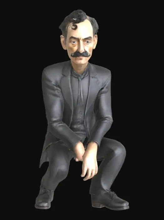 3D model for Create a high-resolution, realistic human 3D character of Salvador Dalí.  The character should be sitting. The model should emphasize accurate human anatomy, especially hands, fingers, facial features, and Dalí’s iconic curled mustache.
Dalí wears a black suit with tailored fit, black socks, black lace-up dress shoes, black tie, and a white collared shirt.
Focus on Dalí’s expressive face: sharp cheekbones, intense eyes, and his signature thin, upward-curled mustache.
Avoid exaggerated proportions—aim for natural realism.
Use realistic proportions and textures.
Prioritize clean geometry for hands and face.
