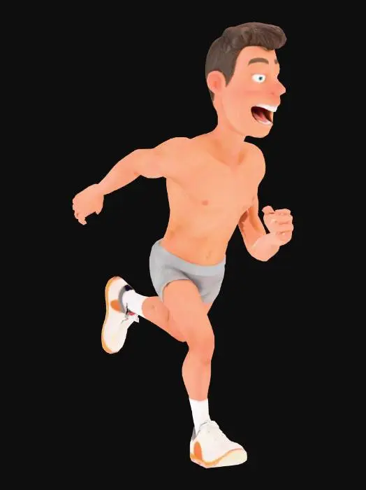 3D model for Realistic goofy looking naked man. He has no clothing on, he is only wearing tennis shoes and ankle socks. He is running. He has a censor bar or a pixelation blur across his groin and butt. He needs to look like he is not wearing any clothing, he is "streaking". You can make give him a jock strap nude/skin color.
