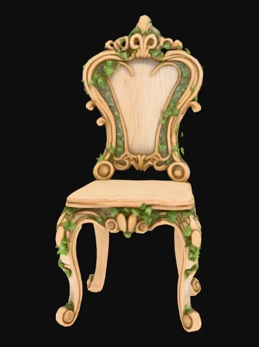 3D model for Create a highly detailed 3D model of a fairy tale-inspired chair, designed as an enchanting display piece. The table should have an elegant, vintage look—weathered wood with intricate carved details of ivy, vines, or enchanted symbols. The chair should balance utility and decoration, serving as both a whimsical prop and a functional display piece.