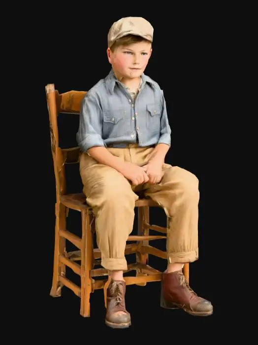 3D model for human character, 1930s farm boy in sitting position. Age 10.