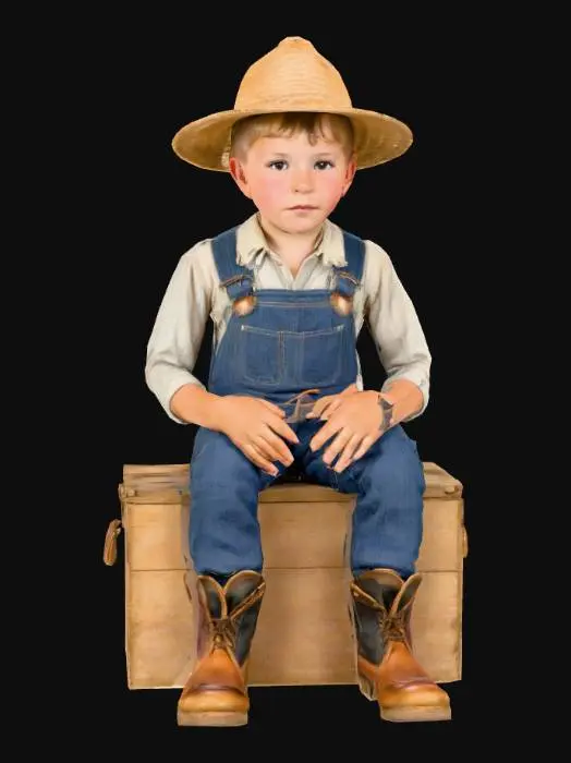 3D model for human character, 1930s farm boy in sitting position. Age 10.