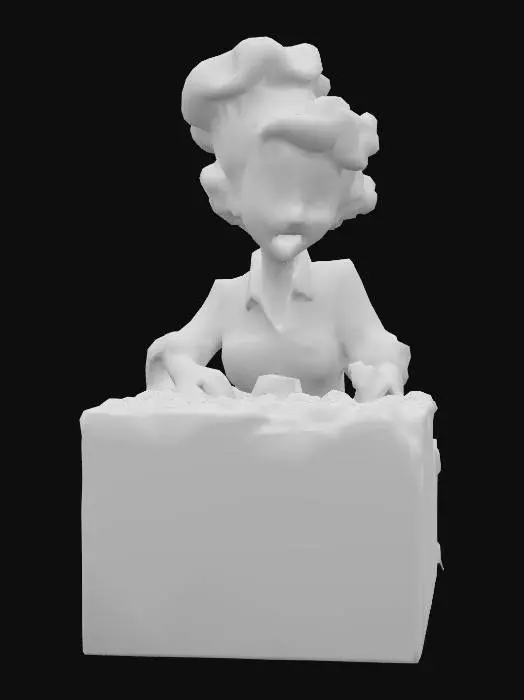 3D model for A full-body 3D character model of Lucille Ball, dynamically posed as if she were working behind a conveyerbelt frantically wrapping chocolate candy. Her torso is slightly hunched, arms and hands reflecting her comedic struggle. Her signature vibrant red hair is neatly curled, under her chef's hat, framing a wide-eyed, comically stressed expression, indicative of her iconic I Love Lucy persona. She wears a practical, light-colored factory uniform, with a subtly rumpled texture, conveying the frantic energy of the scene.