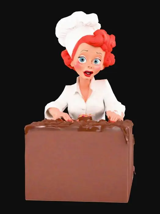 3D model for A full-body 3D character model of Lucille Ball, dynamically posed as if she were working behind a conveyerbelt frantically wrapping chocolate candy. Her torso is slightly hunched, arms and hands reflecting her comedic struggle. Her signature vibrant red hair is neatly curled, under her chef's hat, framing a wide-eyed, comically stressed expression, indicative of her iconic I Love Lucy persona. She wears a practical, light-colored factory uniform, with a subtly rumpled texture, conveying the frantic energy of the scene.
