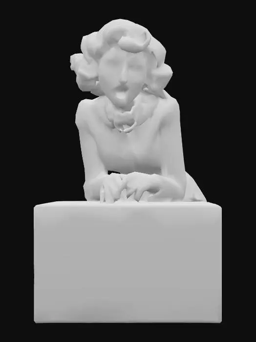 3D model for A human female character of lucille ball with bright reddish-orange hair styled in voluminous curls, wearing a checkered grey and white button-up dress with a white collar and cuffs, and a white polka-dot headscarf. Her skin has a smooth, matte finish, and she wears a white pearl choker. She stands with a wide-open mouth expressing surprise or excitement, leaning slightly forward with hands placed on a dark wooden counter.