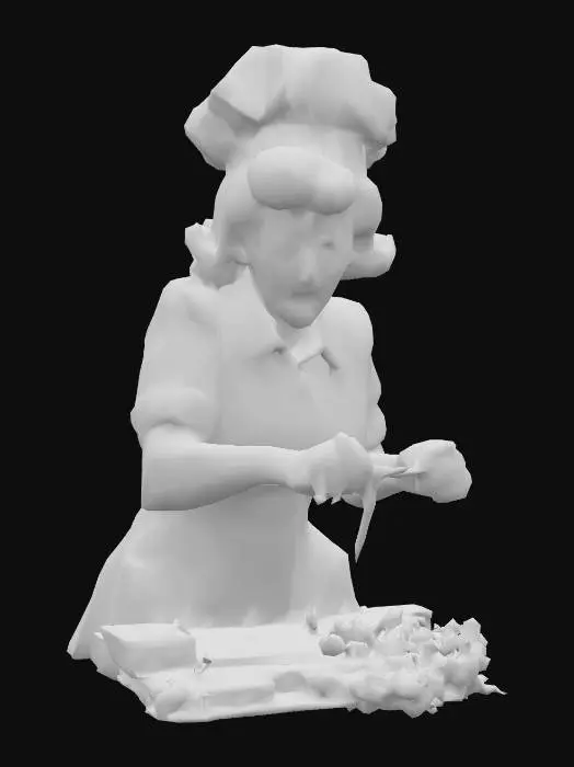 3D model for A full-body 3D character model of Lucille Ball, posed for her famous candy conveyor belt scene. She is standing, dynamically posed as if she were frantically wrapping chocolate candy. Her torso is slightly hunched, arms and hands reflecting her comedic struggle. Her signature vibrant red hair is neatly curled, under her chef's hat, framing a wide-eyed, comically stressed expression, indicative of her iconic I Love Lucy persona. She wears a practical, light-colored factory uniform, with a subtly rumpled texture, conveying the frantic energy of the scene. Just her character, no props.