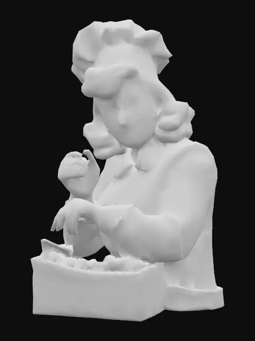 3D model for human full-body 3D character of Lucille Ball, posed for her famous chocolate candy conveyor belt scene. She is standing, dynamically posed as if she were frantically wrapping chocolate candy. Her torso is slightly hunched, arms and hands reflecting her comedic struggle. Her signature vibrant red hair is neatly curled, under her chef's hat, framing a wide-eyed, comically stressed expression, indicative of her iconic I Love Lucy persona. She wears a practical, light-colored factory uniform, with a subtly rumpled texture, conveying the frantic energy of the scene. Just her character, no props. #pbr#