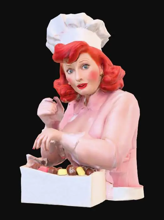 3D model for human full-body 3D character of Lucille Ball, posed for her famous chocolate candy conveyor belt scene. She is standing, dynamically posed as if she were frantically wrapping chocolate candy. Her torso is slightly hunched, arms and hands reflecting her comedic struggle. Her signature vibrant red hair is neatly curled, under her chef's hat, framing a wide-eyed, comically stressed expression, indicative of her iconic I Love Lucy persona. She wears a practical, light-colored factory uniform, with a subtly rumpled texture, conveying the frantic energy of the scene. Just her character, no props. #pbr#