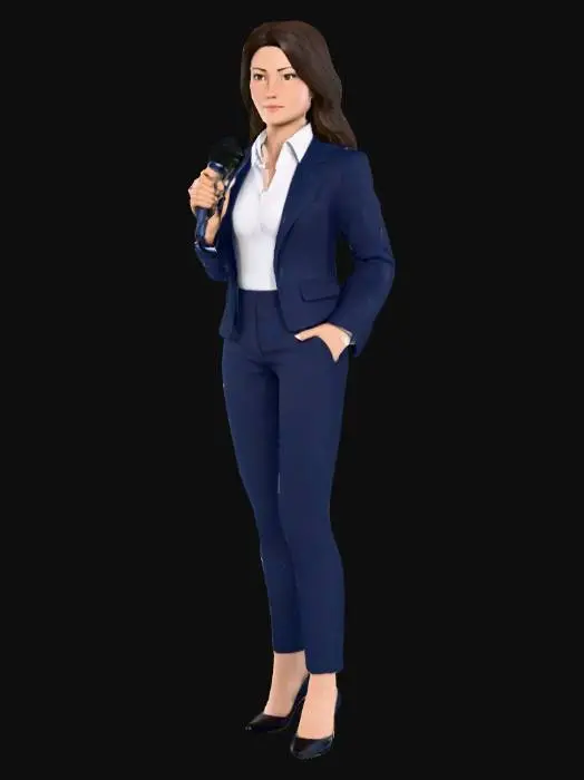 3D model for human 3d character, female news reporter. Standing pose with microphone.