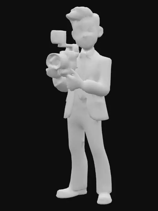 3D model for human 3d character, cameraman. Standing pose with video camera filming.