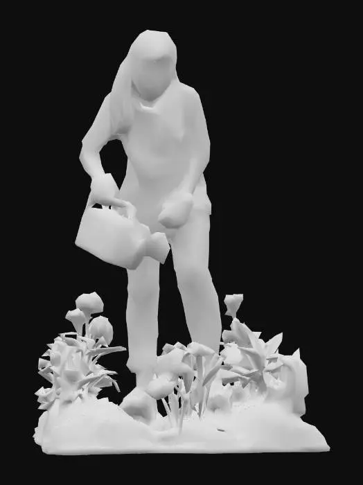 3D model for human character. high detailed. casual dress. posed to water her yard.