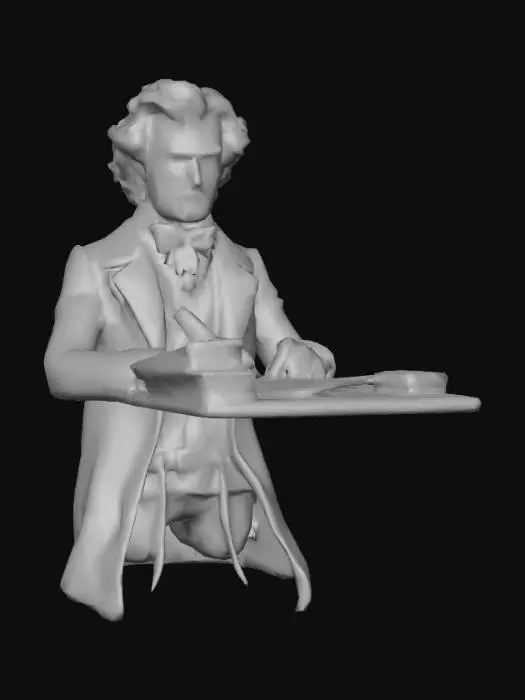 3D model for human. realistic. detailed 3d character of edgar allen poe. He is sitting at his desk writing his story.
