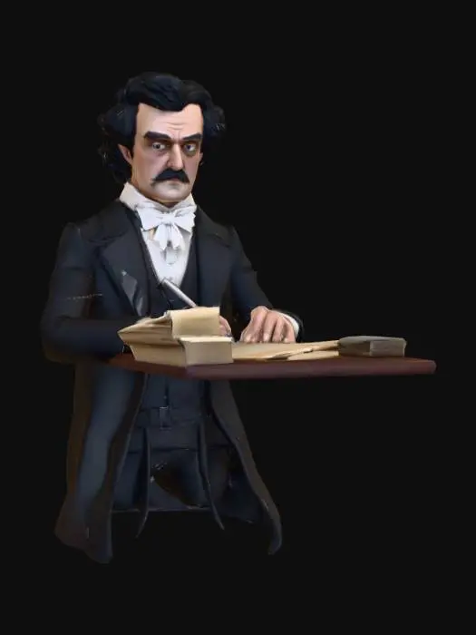 3D model for human. realistic. detailed 3d character of edgar allen poe. He is sitting at his desk writing his story.