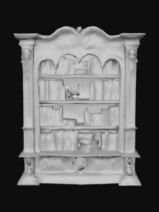 3D model for low land impact, stylized, gothic victorian bookcase 3d asset. Dark wood texture with simplified, elegant carvings. Shelves filled with low-poly items that might be collected by Poe: (books, a subtle raven feather, and a glowing, stylized candle, etc.). The overall style is inspired by dark academia and Edgar Allan Poe.