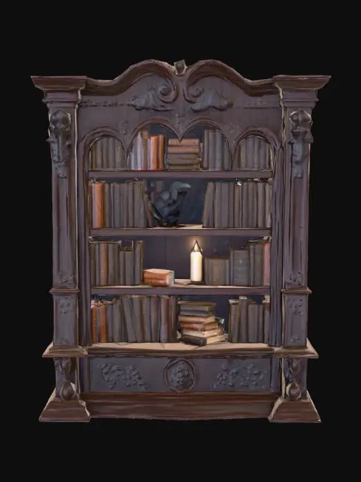 3D model for low land impact, stylized, gothic victorian bookcase 3d asset. Dark wood texture with simplified, elegant carvings. Shelves filled with low-poly items that might be collected by Poe: (books, a subtle raven feather, and a glowing, stylized candle, etc.). The overall style is inspired by dark academia and Edgar Allan Poe.