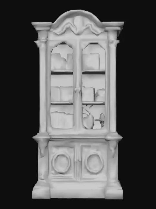3D model for low land impact, stylized, gothic victorian bookcase 3d asset. Dark wood texture with simplified, elegant carvings. Shelves filled with low-poly items that might be collected by Poe: (books, a subtle raven feather, and a glowing, stylized candle, etc.). The overall style is inspired by dark academia and Edgar Allan Poe.