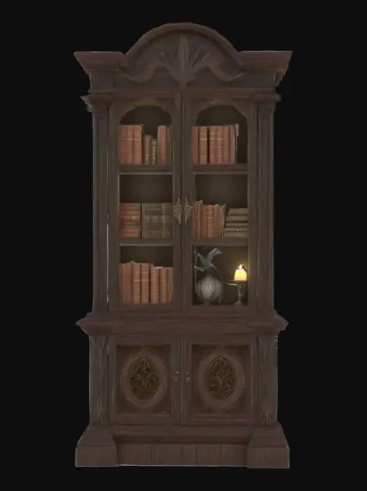 3D model for low land impact, stylized, gothic victorian bookcase 3d asset. Dark wood texture with simplified, elegant carvings. Shelves filled with low-poly items that might be collected by Poe: (books, a subtle raven feather, and a glowing, stylized candle, etc.). The overall style is inspired by dark academia and Edgar Allan Poe.