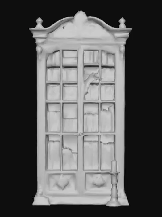 3D model for low land impact, stylized, gothic victorian bookcase 3d asset. Dark wood texture with simplified, elegant carvings. Shelves filled with low-poly items that might be collected by Poe: (books, a subtle raven feather, and a glowing, stylized candle, etc.). The overall style is inspired by dark academia and Edgar Allan Poe.