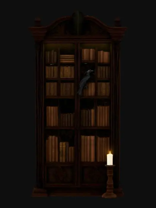 3D model for low land impact, stylized, gothic victorian bookcase 3d asset. Dark wood texture with simplified, elegant carvings. Shelves filled with low-poly items that might be collected by Poe: (books, a subtle raven feather, and a glowing, stylized candle, etc.). The overall style is inspired by dark academia and Edgar Allan Poe.