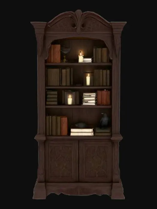 3D model for low land impact, stylized, gothic victorian bookcase 3d asset. Dark wood texture with simplified, elegant carvings. Shelves filled with low-poly items that might be collected by Poe: (books, a subtle raven feather, and a glowing, stylized candle, etc.). The overall style is inspired by dark academia and Edgar Allan Poe.