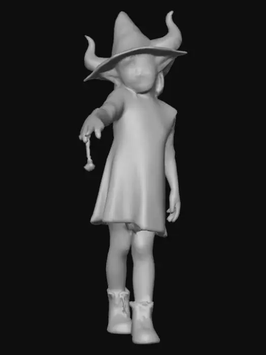 3D model for realistic. human. detailed. 3d character of an evil child in a halloween costume. Posed with wicked smile as if looking down at something. Wearing a wicked looking costume. Posed with one arm up, as if hanging/swinging from a bar. Posed throwing candy. Halloween2025#