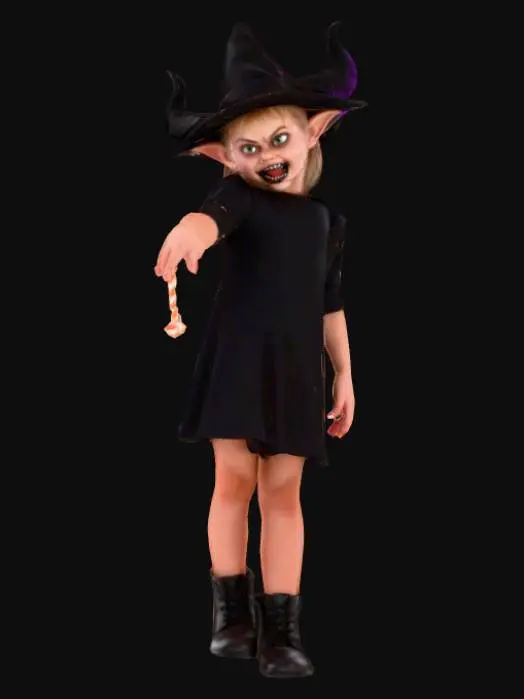 3D model for realistic. human. detailed. 3d character of an evil child in a halloween costume. Posed with wicked smile as if looking down at something. Wearing a wicked looking costume. Posed with one arm up, as if hanging/swinging from a bar. Posed throwing candy. Halloween2025#