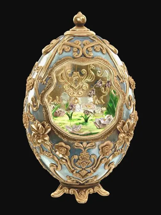 3D model for Create A magnificent, ornate Faberge-style Easter egg made of iridescent pearlescent ceramic. The egg is decorated with intricate golden filigree and embossed 3D flowers. A tiny, glowing miniature spring landscape is visible through a cracked opening in the center. Studio lighting, macro photography, high-resolution textures, solid geometry, 3D printing ready., #EasterEgg2026#