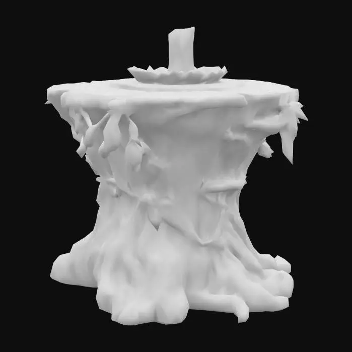 3D model for Create a highly detailed 3D model of a fairy tale-inspired side table, designed as an enchanting display piece. The table should have an elegant, vintage look—weathered wood with intricate carved details of ivy, vines, or enchanted symbols. On top, place a softly glowing candle in an aged brass holder. The table should balance utility and decoration, serving as both a whimsical prop and a functional display piece.