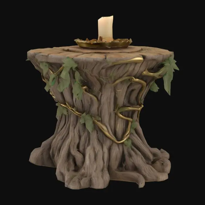 3D model for Create a highly detailed 3D model of a fairy tale-inspired side table, designed as an enchanting display piece. The table should have an elegant, vintage look—weathered wood with intricate carved details of ivy, vines, or enchanted symbols. On top, place a softly glowing candle in an aged brass holder. The table should balance utility and decoration, serving as both a whimsical prop and a functional display piece.