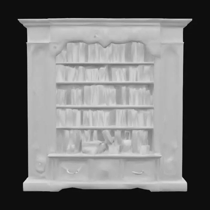 3D model for Create a highly detailed 3D model of a fairy tale-inspired book case, designed as an enchanting display piece. The bookcase should have an elegant, vintage look—weathered wood with intricate carved details of ivy, vines, or enchanted symbols. Fill the shelves with old used vintage leather bound books. The bookcase should balance utility and decoration, serving as both a whimsical prop and a functional display piece.