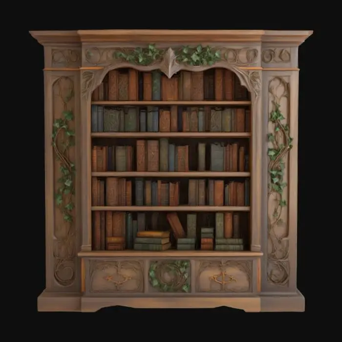 3D model for Create a highly detailed 3D model of a fairy tale-inspired book case, designed as an enchanting display piece. The bookcase should have an elegant, vintage look—weathered wood with intricate carved details of ivy, vines, or enchanted symbols. Fill the shelves with old used vintage leather bound books. The bookcase should balance utility and decoration, serving as both a whimsical prop and a functional display piece.