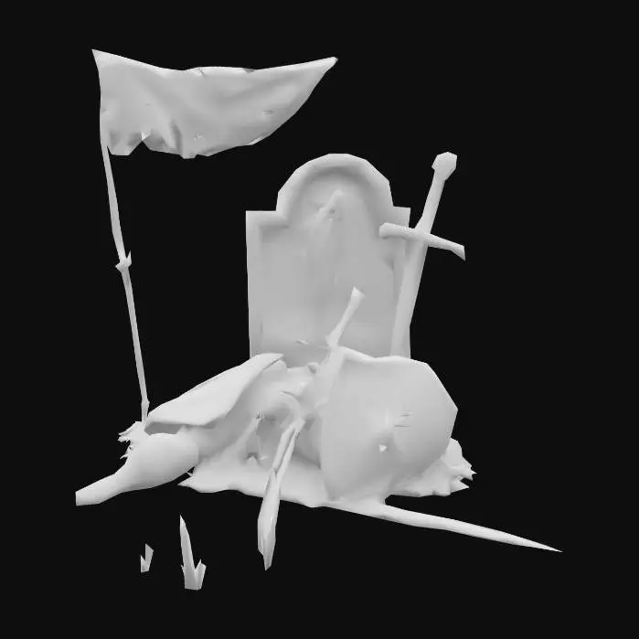3D model for 7x7m Sacred battlefield clearing with a lone fallen knight, helmet resting beside a weathered gravestone. Torn banner draped over broken shield. Wildflowers growing through a rusted sword. Faint magical glow around a cracked amulet. Dramatic overhead lighting with soft shadows; stylized realism; cinematic fantasy ruins.
