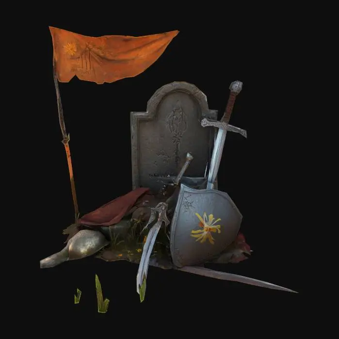3D model for 7x7m Sacred battlefield clearing with a lone fallen knight, helmet resting beside a weathered gravestone. Torn banner draped over broken shield. Wildflowers growing through a rusted sword. Faint magical glow around a cracked amulet. Dramatic overhead lighting with soft shadows; stylized realism; cinematic fantasy ruins.
