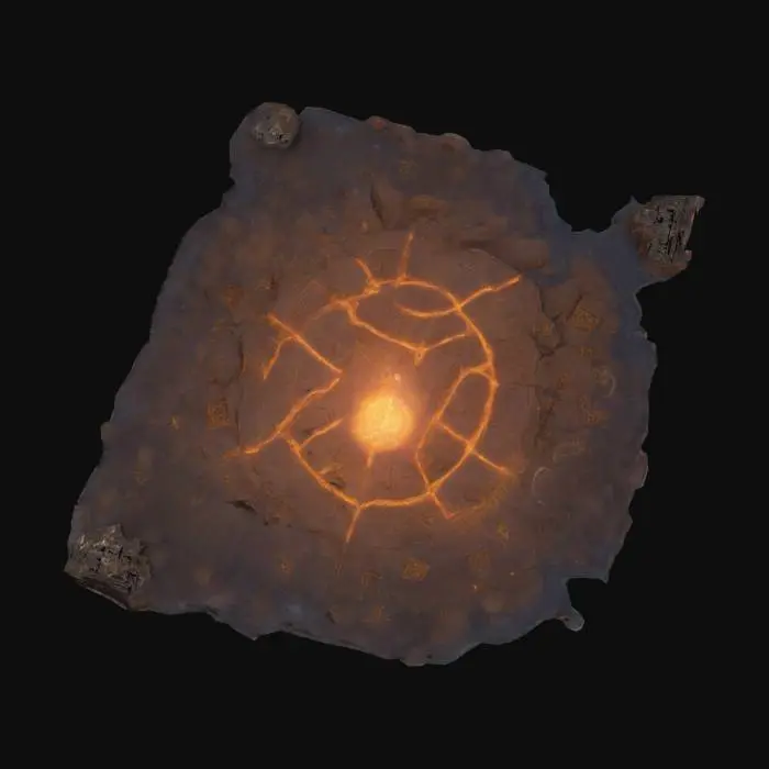 3D model for 7x7m Arcane battle site with scorched crater surrounded by runic scorch patterns. Floating fragments of shattered spellbooks and glowing crystals. Twisted staffs and melted wands lie among singed robes and glowing magic residue. Ethereal lighting from enchanted debris; low mist and dramatic shadows.