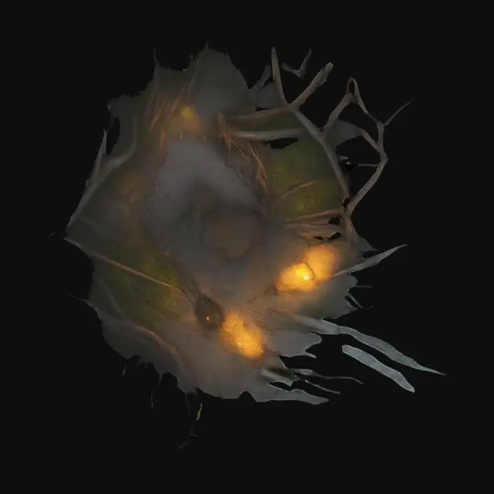 3D model for 7x7m Forest trail littered with massive claw marks gouged into trees and dirt. Splintered armor, shredded leather satchels, and glowing monster ichor pooled beside an overturned cart. Broken lantern flickering weak light. Humanoid footprints intermingled with oversized beast tracks. Smoky haze and deep shadowing for a tense visual tone.
